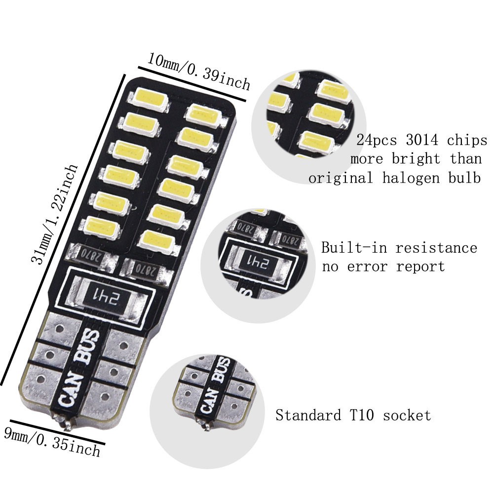 Bộ 2 Đèn LED T10 194 168 W5W 24 SMD 3014 Ánh Sáng Trắng 6500K Chất Lượng Cao Cho Xe Hơi