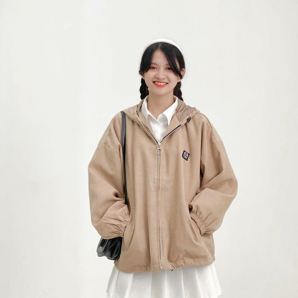 Áo Khoác Nữ Có Nón, Hai Lớp Chất Liệu Da Lộn Lót Dù Logo Thêu Nhỏ Xinh Form Rộng Thoải Mái [NEW UNISEX]