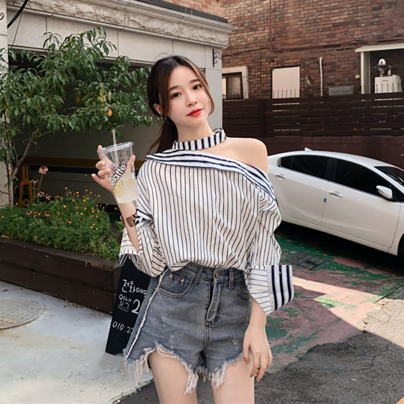 Áo Sơ Mi Dài Tay Trễ Vai Họa Tiết Kẻ Sọc Thời Trang Cho Nữ