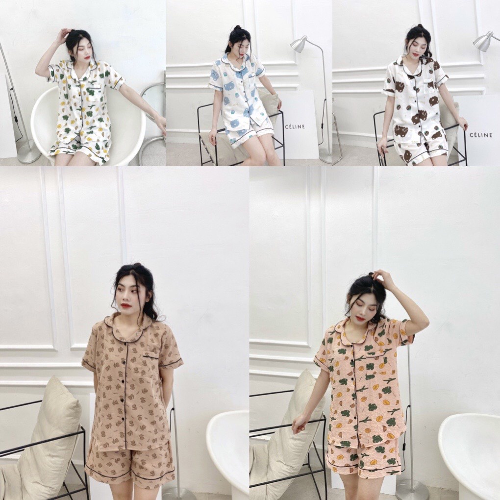 Bộ Ngủ Pijama Mặc Nhà Cộc Tay Chất Đũi Xốp Thoáng Mát Thấm Hút Mồ Hôi Siêu Tốt Họa Tiết Dễ Thương