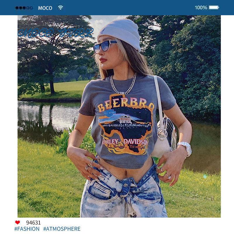 Áo Thun Tay Ngắn 100% Cotton Nguyên Chất In Họa Tiết Phong Cách Retro Mỹ Thời Trang Cho Nữ