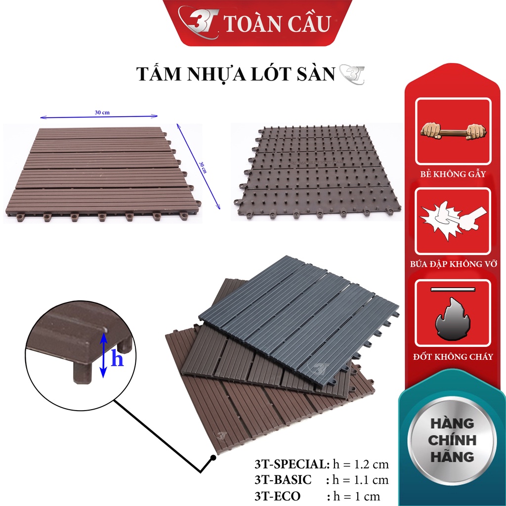 Vỉ Nhựa Lót Sàn 3T-Basic 30x30x1.1cm - Tấm Lót Sàn Ban Công, Chống Trơn Nhà Tắm, Bể Bơi, Sân Vườn