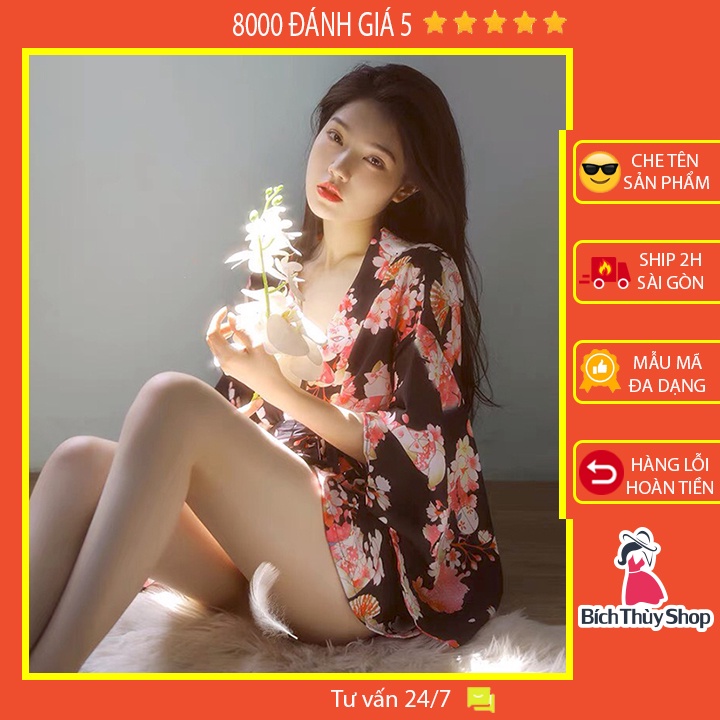 Váy ngủ kimono quyến rũ áo choàng ngủ hoa với màu đen gợi cảm