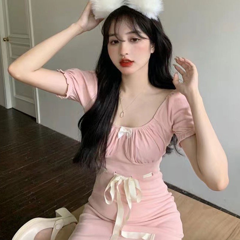 Xin LAN YA SHE Đầm Hồng Tay Ngắn Cổ Tròn Thắt Nơ Phong Cách Hàn Quốc Cho Nữ váy thiết kế tay bồng