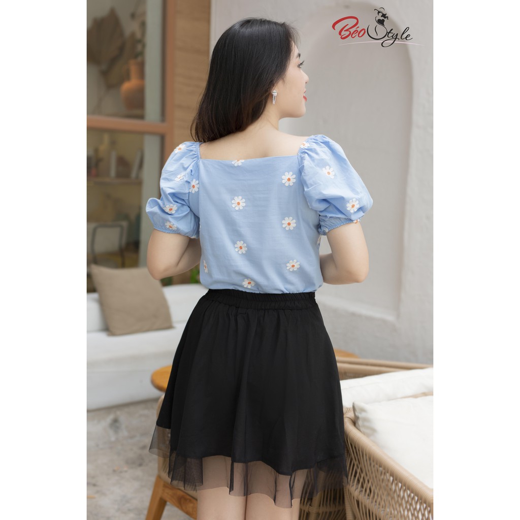 BIGSIZE nữ áo kiểu thêu hoa xinh xắn AKBS012 Béo Style cho người béo mập, mẹ bầu 55-100kg. Công sở, đi chơi