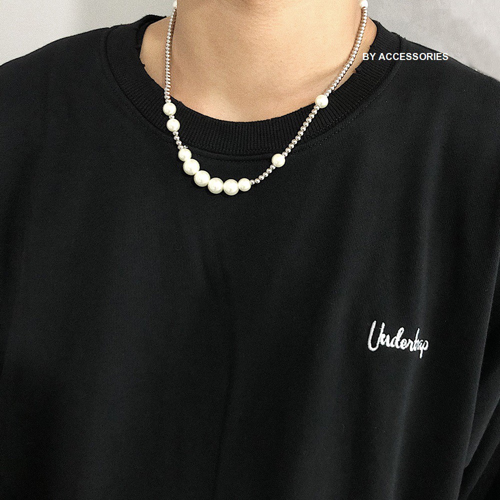 Vòng cổ titan chuỗi bi tròn phối hạt ngọc không gỉ