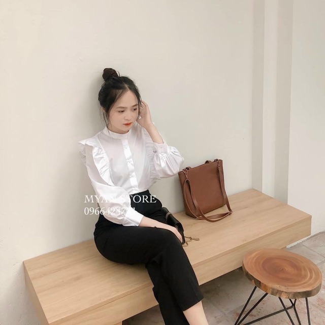 ÁO SƠ MI NỮ TRẮNG DÀI TAY BÈO VAI HÀNG CHUẨN BÁN SHOP