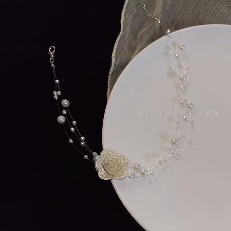 Vòng Cổ choker Hai Lớp Đính Hoa Trà Và Ngọc Trai Cao Cấp Phong Cách Pháp Thanh Lịch Dành Cho Nữ
