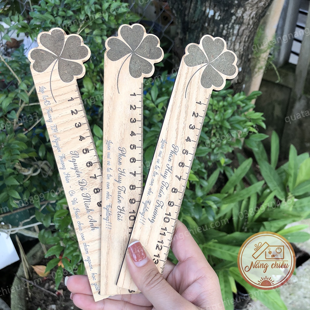 Thước gỗ khắc laser các hình ngẫu nhiên - Dụng cụ học tập khắc tên theo yêu cầu - Độ dài 15cm
