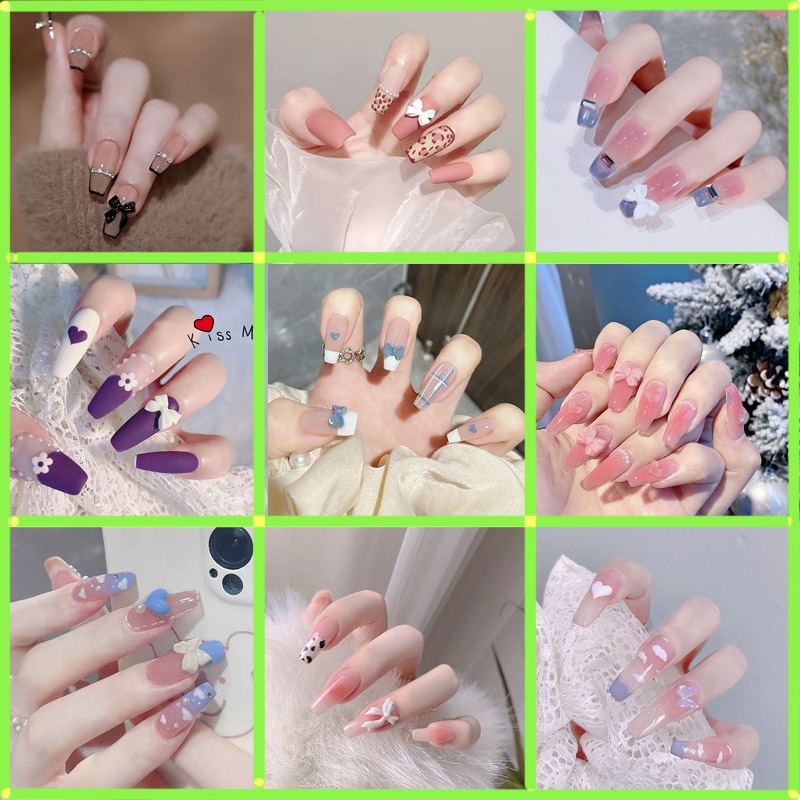 Set 24 móng tay giả họa tiết trái tim/ bươm bướm thời trang dành cho nữ