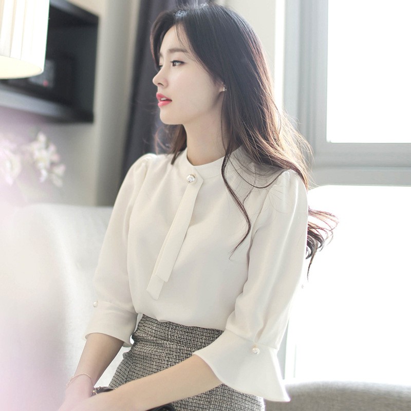 Chuẩn Áo kiểu nữ ❣️𝑭𝒓𝒆𝒆𝒔𝒉𝒊𝒑❣️ Áo sơ mi cà vạt Đính ngọc tay loe sm44 - hàng vnxk - candy fashion chu