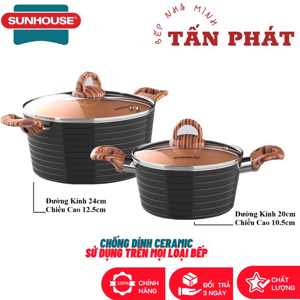 Bộ 2 Nồi Ceramic Đáy Từ SUNHOUSE (Dùng Trên Mọi Loại Bếp)