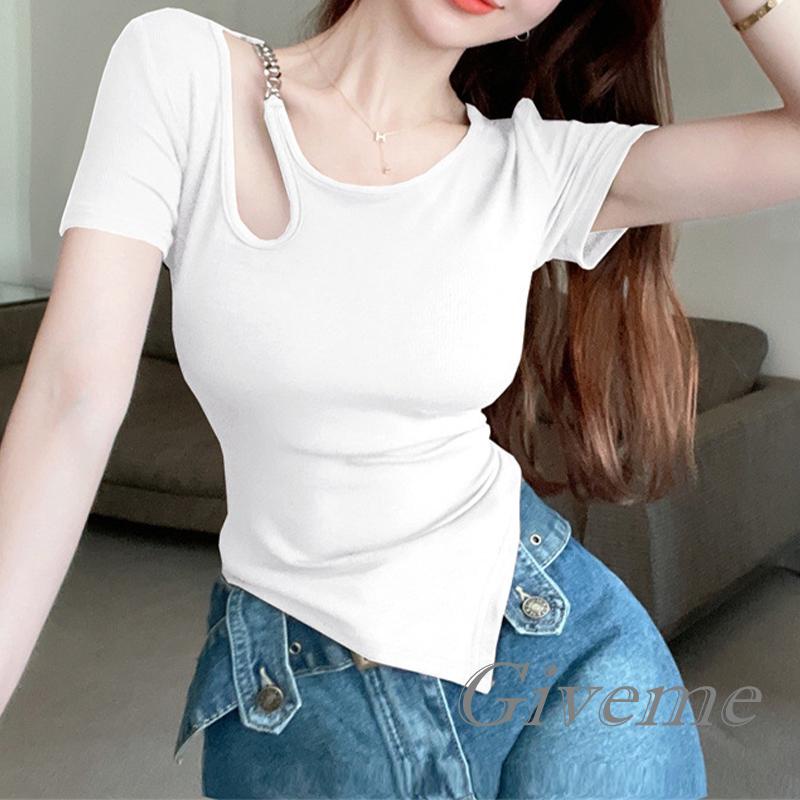 Áo Thun Tay Ngắn Phối Dây Xích Kim Loại Thời Trang Xuân Hè Cho Nữ