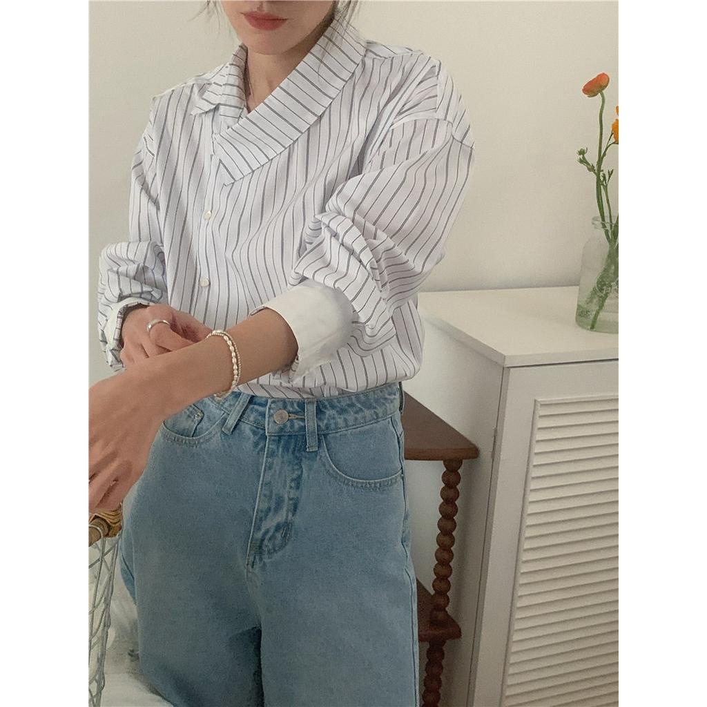 Áo Sơ Mi Kẻ Sọc Dài Tay Cài Nút Thiết Kế Không Đồng Đều Màu Sắc 6107