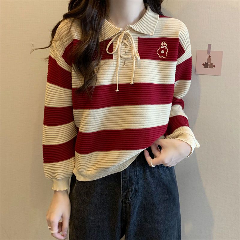 Áo Sweater Cổ POLO Họa Tiết Kẻ Sọc Màu Sắc Tương Phản Phong Cách Hàn Quốc Thời Trang Mùa Thu Cho Nữ