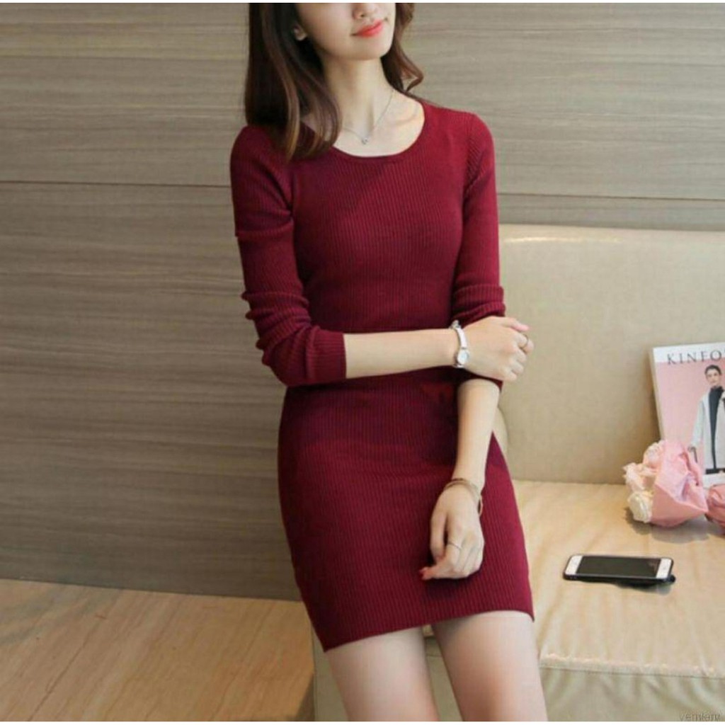 Váy Body Dài Tay dài cổ tròn Chất Thun Gân Đẹp