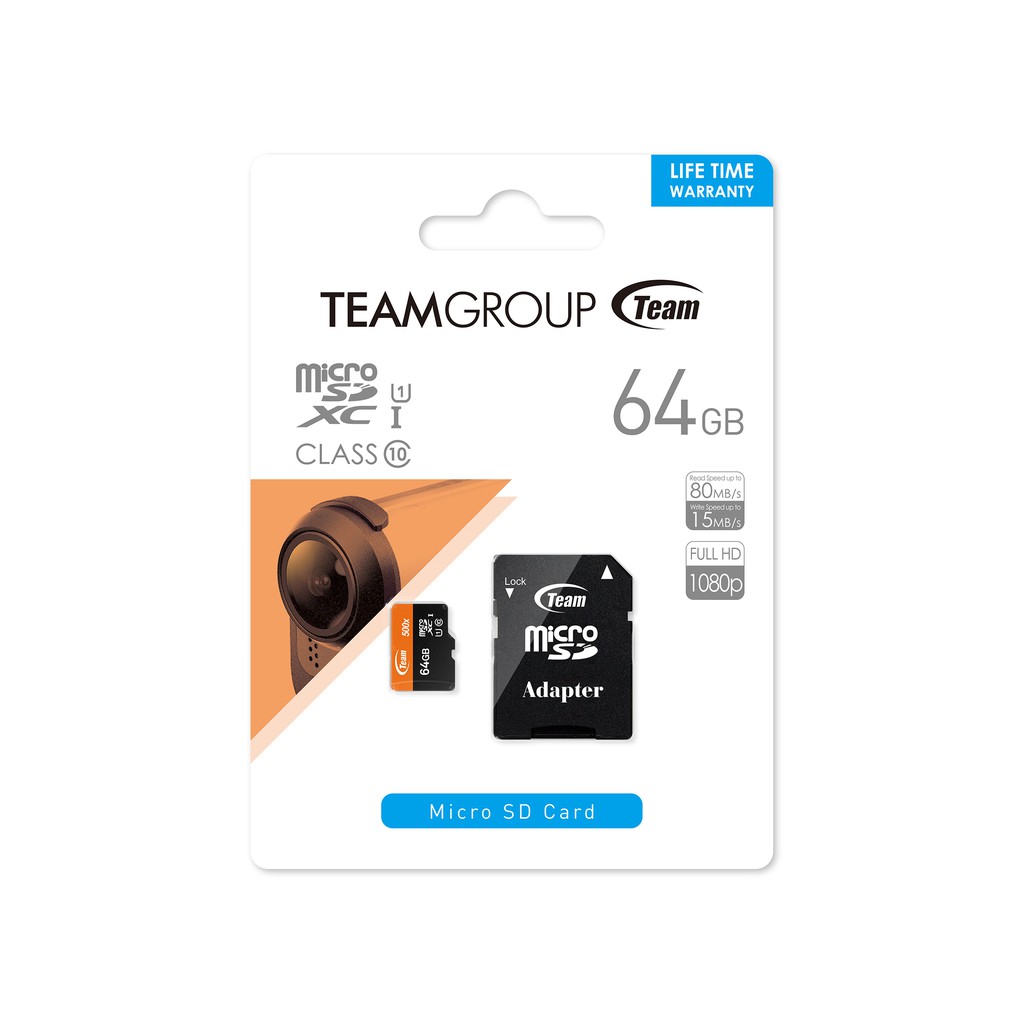 Thẻ nhớ microSDXC Team 64GB 500x upto 80MB/s C10 UHS-I kèm Adapter (Cam) tặng đèn LED cổng USB