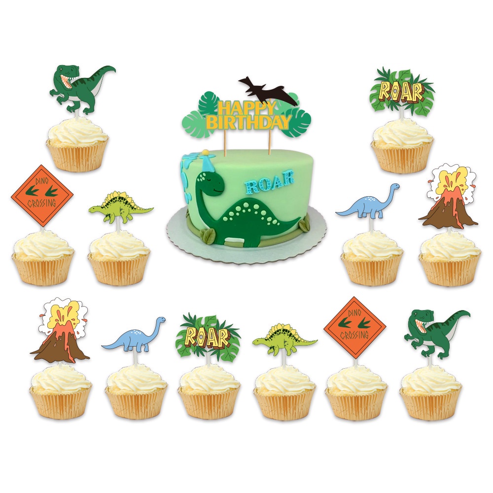Set 46 Phụ Kiện Trang Trí Bánh Sinh Nhật Hình Khủng Long Hoạt Hình Dễ Thương