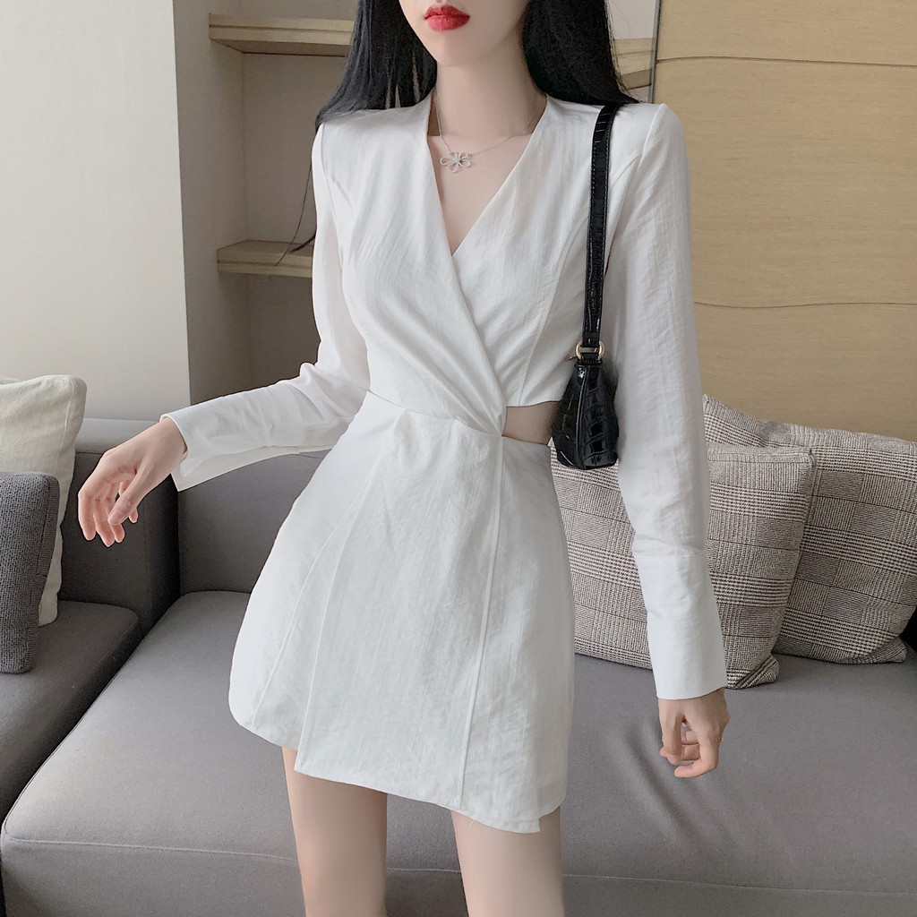 Đầm nữ dáng ôm sơ mi tay dài mini hở eo Emilyshop ulzzang