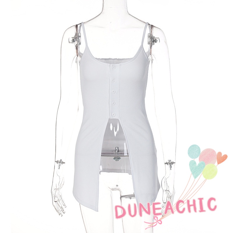 DUNEA Áo Tank Top Hai Dây Dáng Dài Xẻ Tà Phối Nút Cá Tính Cho Nữ