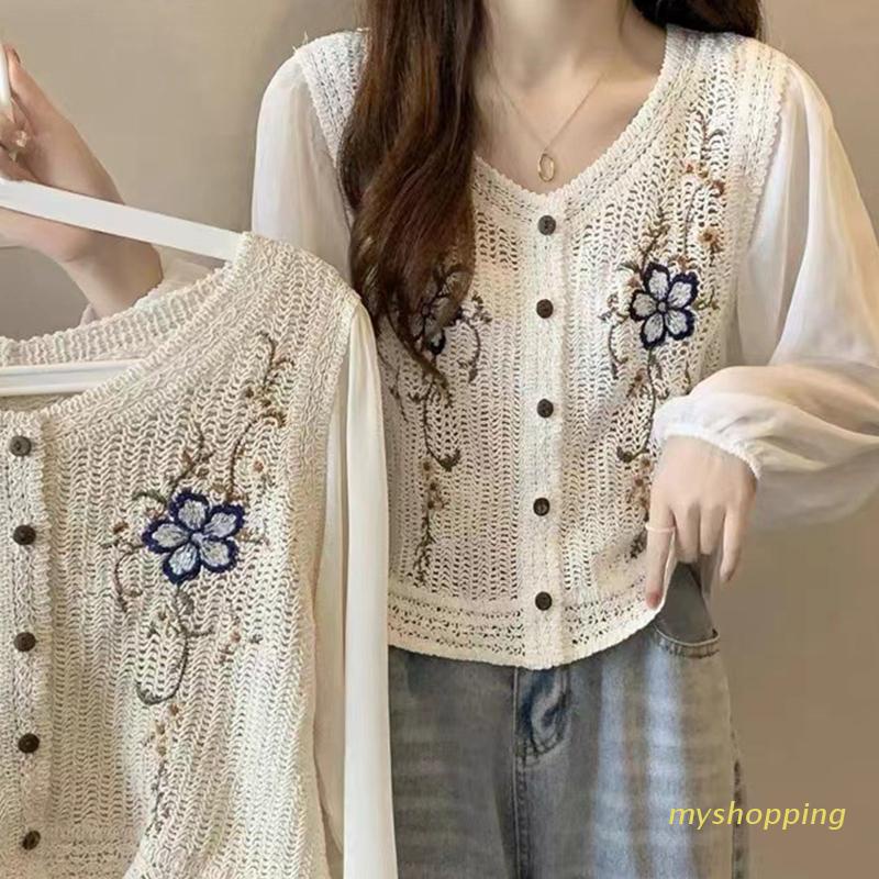 Áo Khoác Cardigan Vải Voan Tay Dài Cài Nút In Hoa Dễ Thương Cho Bạn Gái