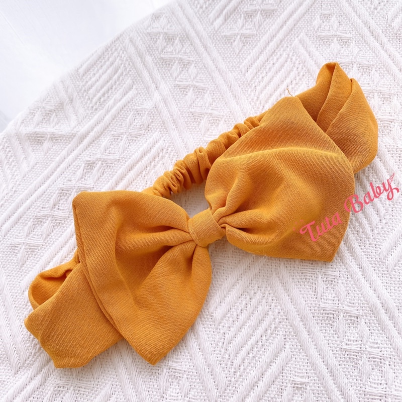 Bodysuit Cho Bé Gái Vàng 2 Dây Kẹp Ren Phối Nơ Ngực Xinh Xắn, Body Bé Gái Kèm Turban + Bao Chân Dễ Thương