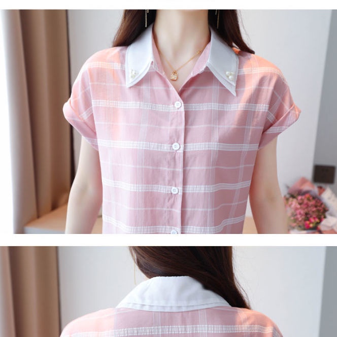 Áo sơ mi voan tay ngắn kẻ sọc che bụng thời trang mùa hè 2021 phong cách nước ngoài cho nữ