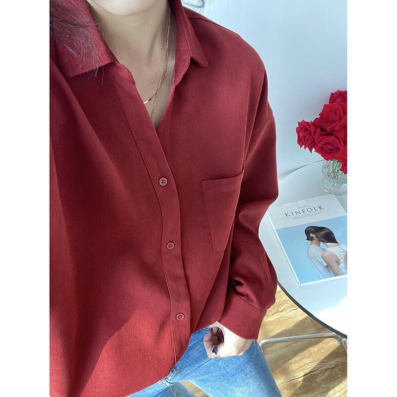 Áo sơ mi nữ nhung tăm màu đỏ nắp túi hộp from rộng tay bồng UNISEX OVERSIZE hàn quốc