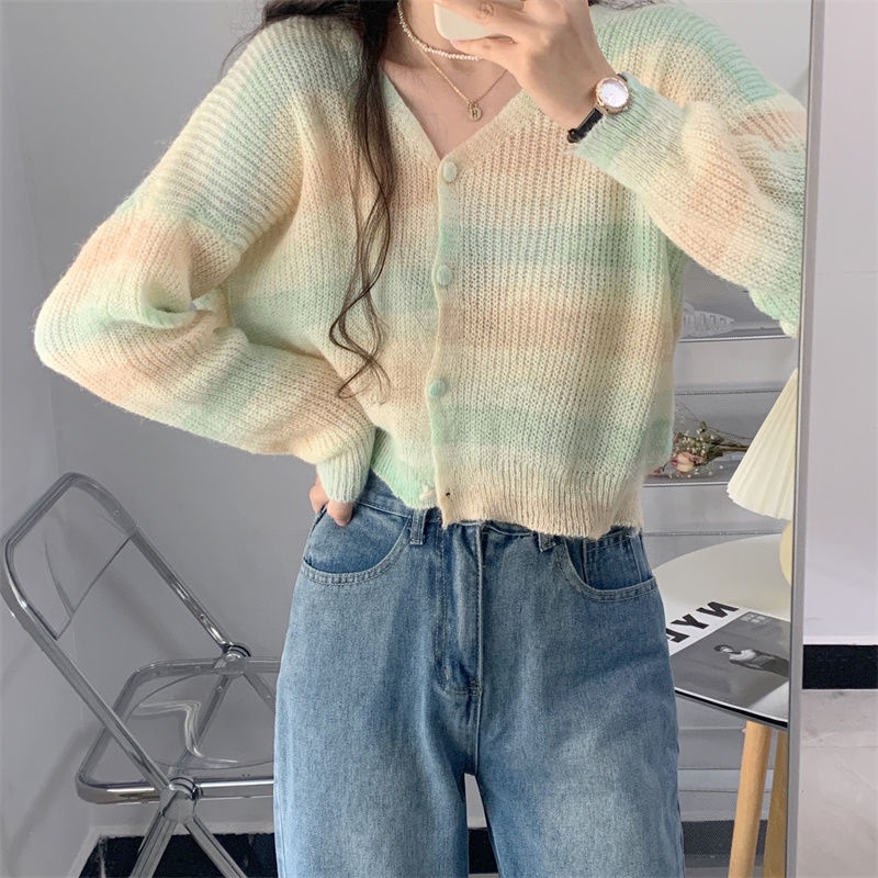 Áo Khoác Cardigan Dệt Kim Mỏng Tay Dài Dáng Ngắn Họa Tiết Kẻ Sọc Màu Xanh Lá Thời Trang Cho