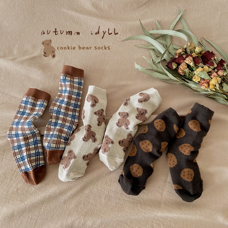 Set 3 đôi tất KOKOROCARE ống trung bình họa tiết kẻ sọc / gấu dễ thương thời trang mùa thu MSW-45 2022 1-12 tuổi