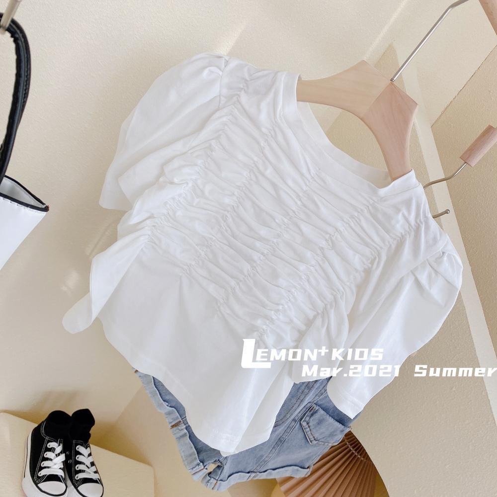 Áo Thun Cotton Tay Ngắn Phồng Xếp Ly Thoải Mái Phong Cách Âu Mỹ Thời Trang Mùa Hè Cho Bé Gái