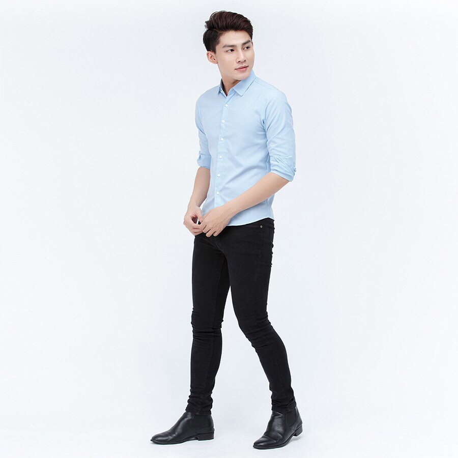 Sơ mi nam hàn quốc trơn xanh nhạt dài tay dáng slimfit chống nhăn | BigBuy360 - bigbuy360.vn