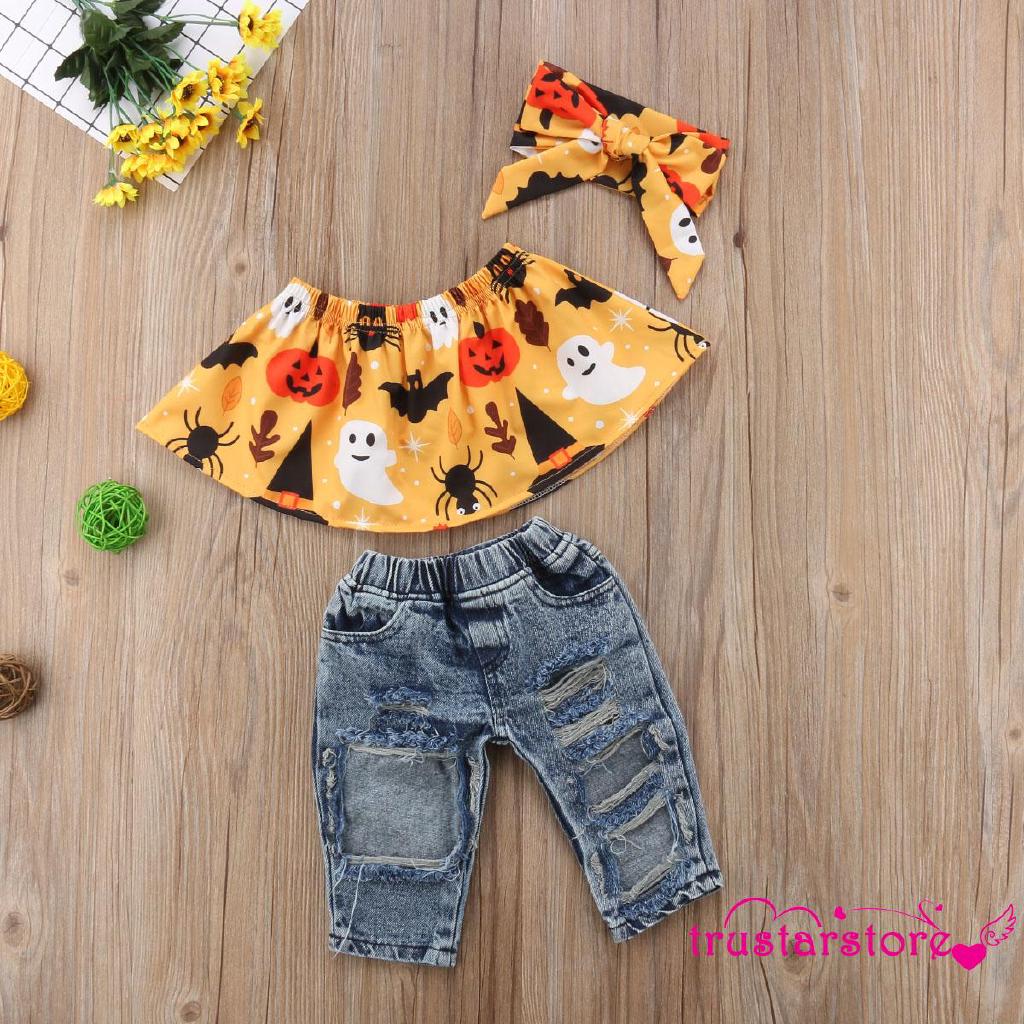 Set Áo Thun Trễ Vai Ngắn Tay + Quần Jeans Dài Rách Thời Trang Cho Bé Gái