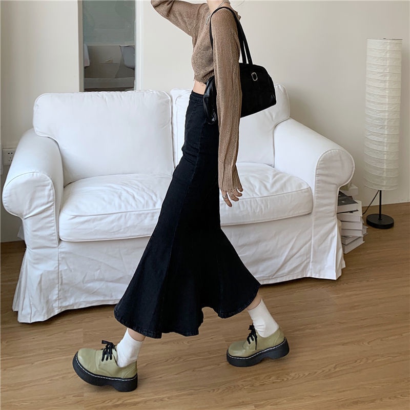 Chân váy jean kiểu đuôi cá xẻ tà chiều dài trung bình / ngắn kiểu xếp nếp size lớn dễ phối đồ dành cho nữ，chân váy jean dài，váy denim đuôi cá