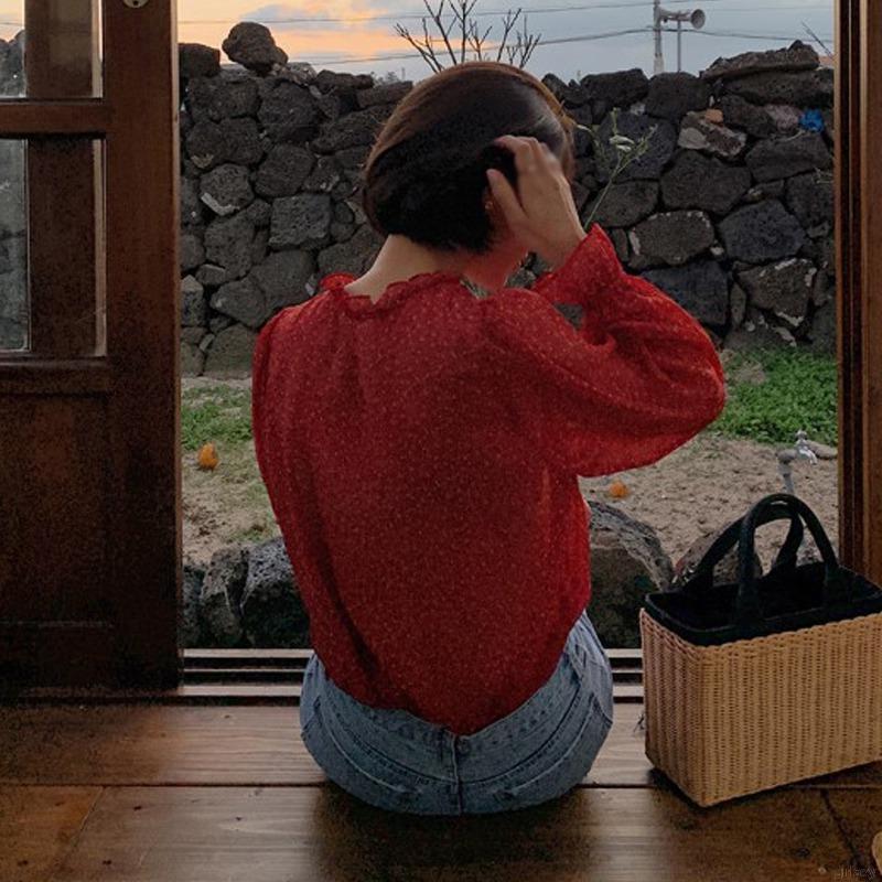 Áo Nữ Tay Dài Cổ Chữ V Họa Tiết Hoa Thời Trang Xinh Xắn Phong Cách Hàn Quốc