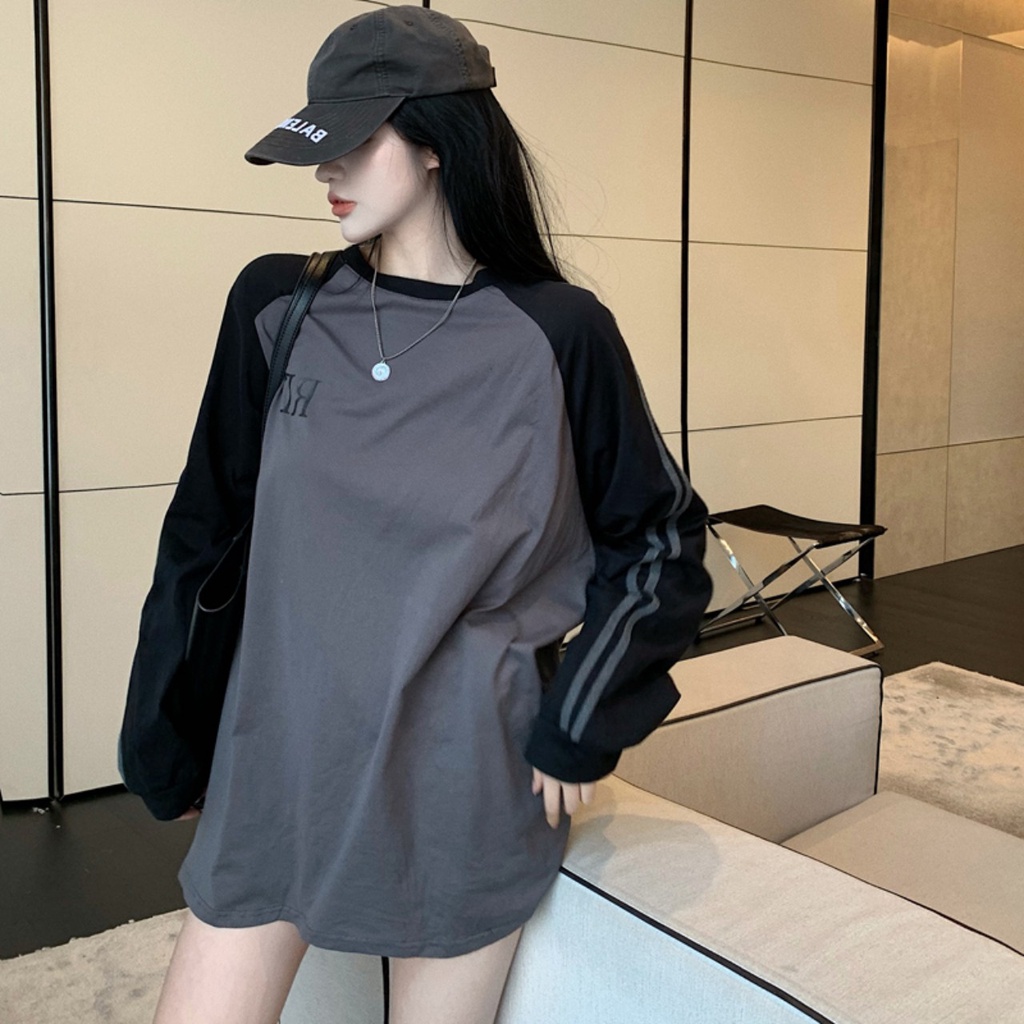 Áo Thun Dài Tay RD Phối Màu Dáng Rộng Áo Thun Nữ Cổ Tròn Tay Kẻ 2 Sọc Freesize Form Rộng