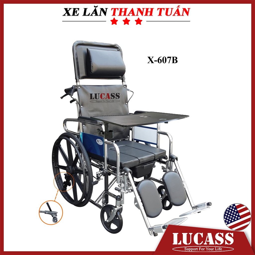 Xe lăn đa năng bánh đúc hỗ trợ phục hồi chức năng Lucass X607B - Ngả nằm, bô vuông, có 2 thắng tay, 2 bánh mâm chống lật