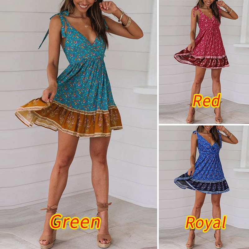 Zanzea Đầm Hoa Cổ V Hở Lưng Không Tay Thời Trang Nữ