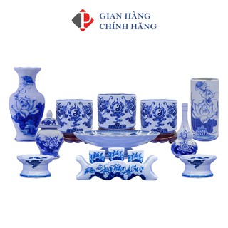 Bộ đồ thờ 3 bát hương số 3 men Lam Trắng Trơn họa tiết SEN, đồ cúng Phùng Gia - Gốm sứ Bát Tràng cao cấp