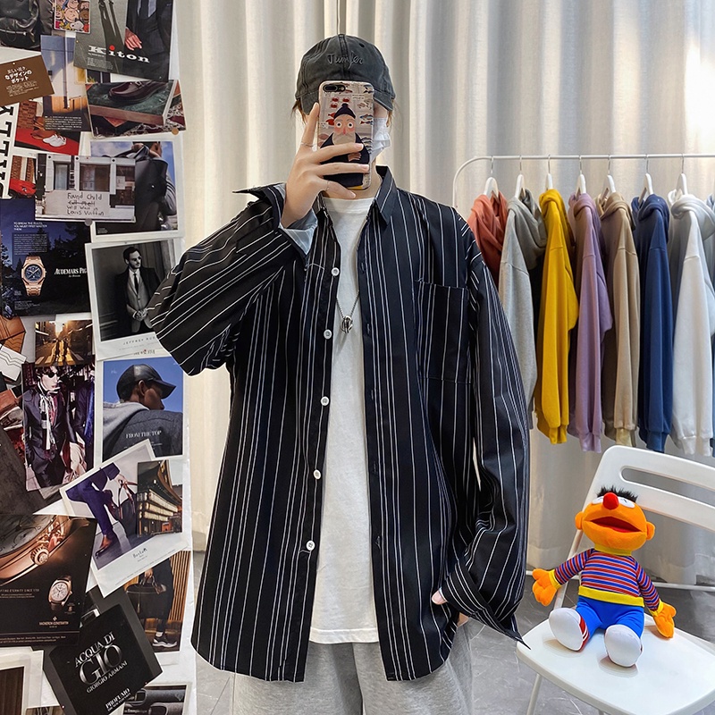 Áo sơ mi cổ đứng tay dài dáng rộng kẻ sọc thoáng khí chống nhăn chất lượng cao cho nam