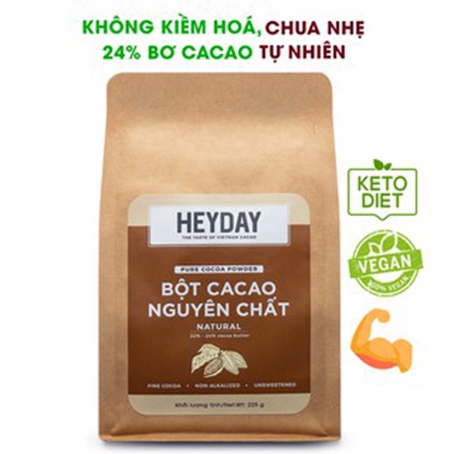 [Mua 1 tặng 1 muỗng inox] Túi 225g bột cacao nguyên chất 100% Heyday - Dòng Natural thuần tự nhiên, không kiềm hoá