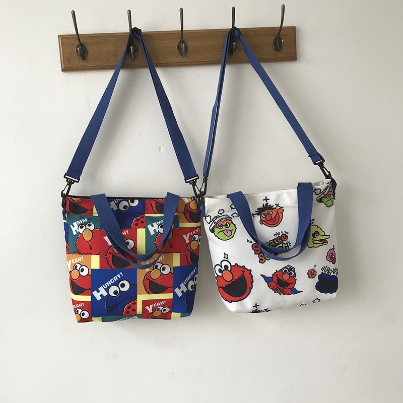 Túi Đeo Vai Bằng Vải Bạt Sức Chứa Lớn In Hình Sesame Street Dễ Thương Thời Trang Mùa Hè Dành Cho Nữ Sinh
