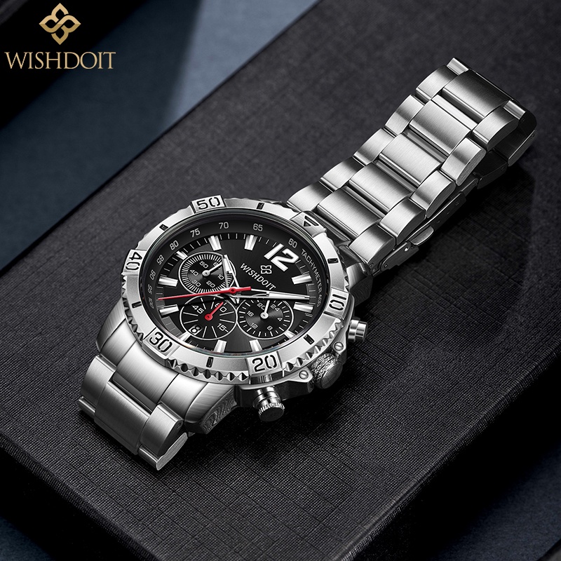 Đồng hồ thể thao WISHDOIT thép không gỉ mặt chronograph dạ quang chống thấm nước thời trang dành cho nam