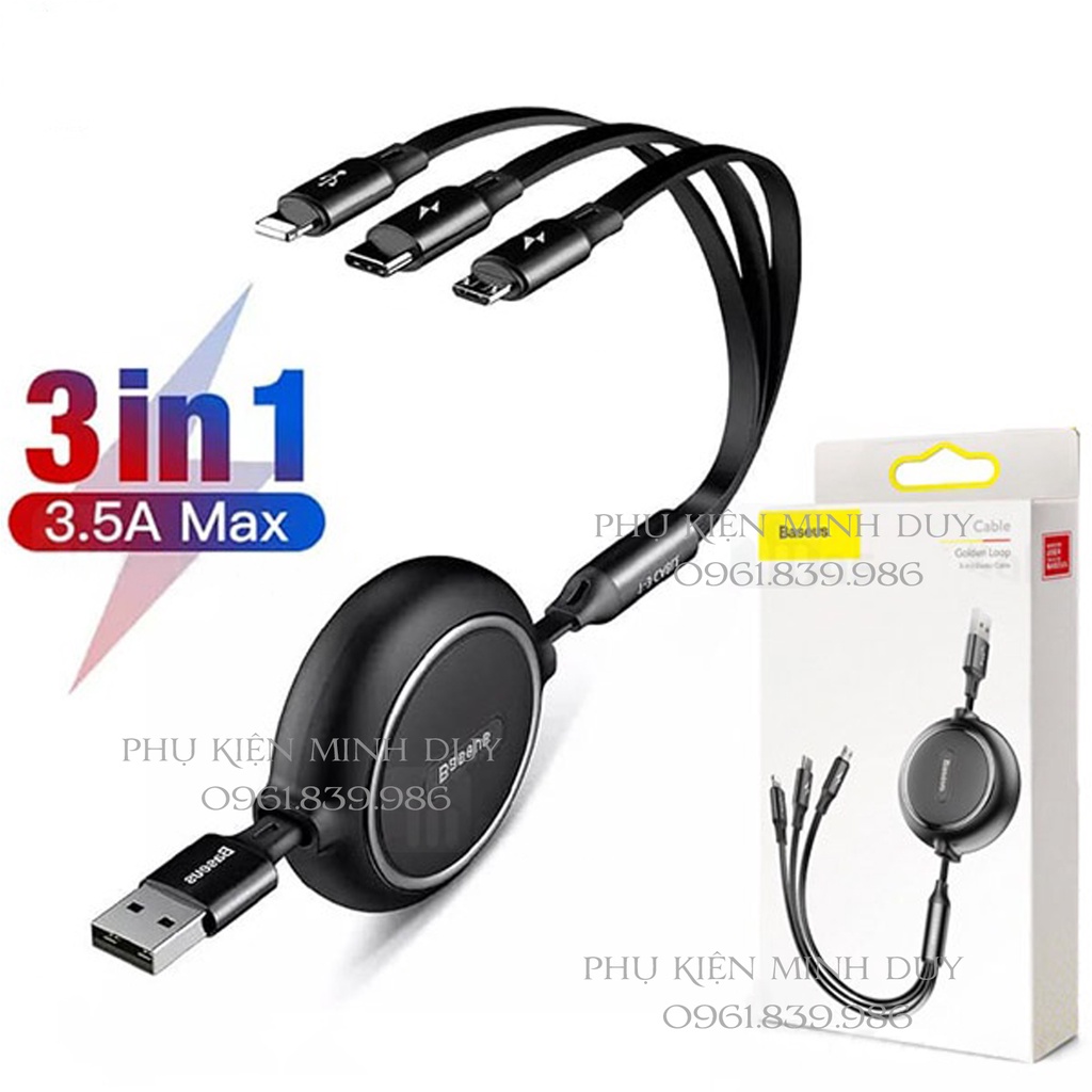 Cáp sạc dây rút 3 đầu Baseus Golden Loop 3-in-1 Elastic (3.5A, Type-C/ Lightning/ Micro USB)