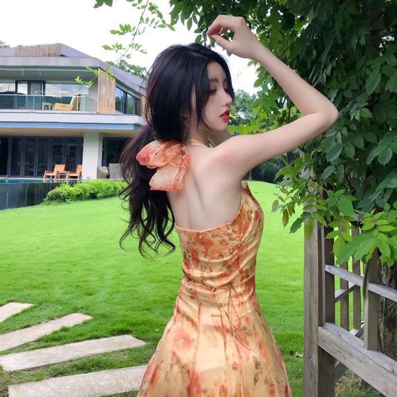 IELGY IELGY Đầm Voan Hai Dây In Hoa Phong Cách Pháp Cổ Điển Thời Trang Cho Nữ