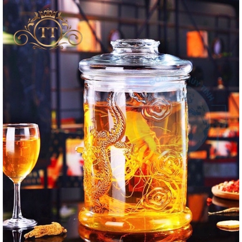 BÌNH NGÂM RƯỢU THỦY TINH DÁNG TRỤ CÓ HOA VĂN RỒNG 6Lít (Có van &amp; Không van)