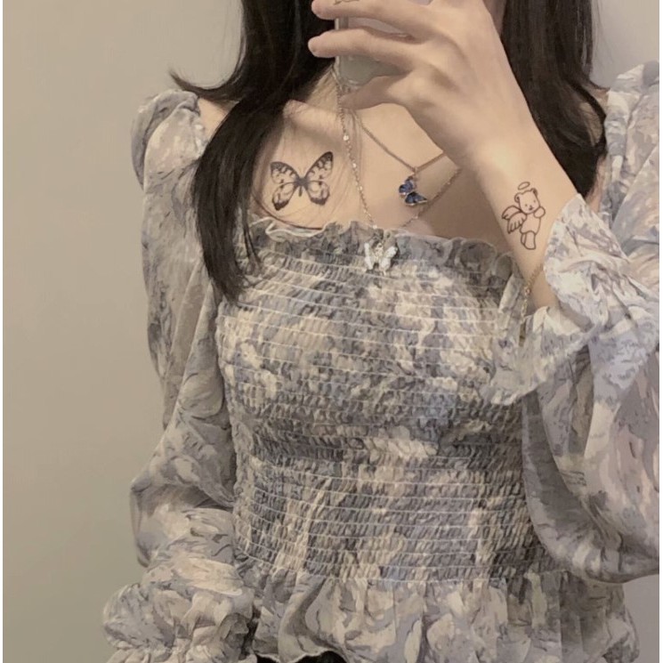 [Mã FASHIONI9 giảm 10k đơn 0đ] Áo Voan Xếp Ly Cổ Vuông Họa Tiết Xinh Xắn Dành Cho Bạn Gái, Áo Kiểu Chất Chiffon Hàn Quốc | BigBuy360 - bigbuy360.vn