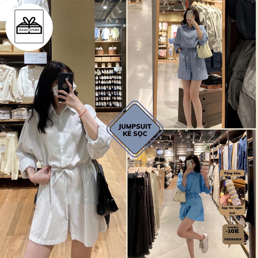 Jumpsuit, áo liền quần kẻ sọc đai thắt eo dài tay vải đũi thô 3 màu Daski