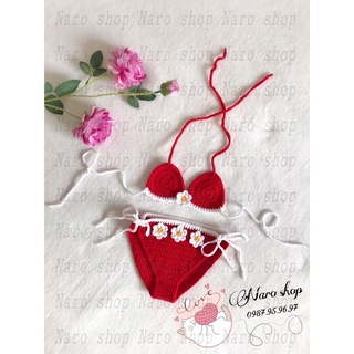 (HÀNG CÓ SẴN) BỘ BIKINI LEN MÓC HOA CÚC CHO BÉ