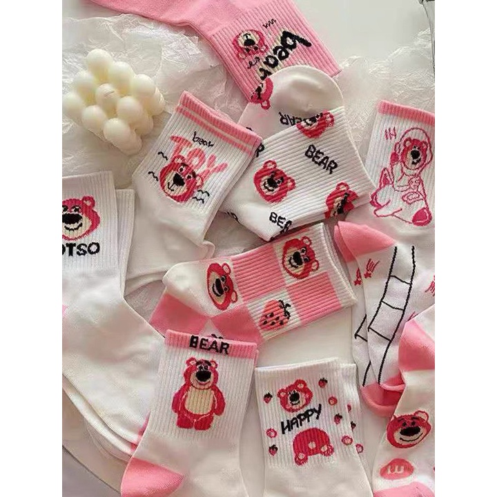 Tất Cổ Cao , Vớ Dài Nữ Họa Tiết Gấu Hồng dễ thương, thấm hút, giá siêu rẻ mềm